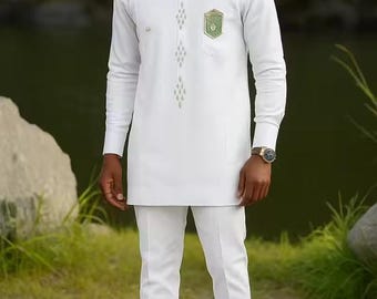 Handmade White African Men's Suit: Wedding Groom Traditional Wear