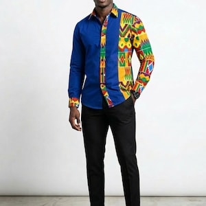 Modern African Men Set -Royal Blue Kente Patchwork Tunic and Pants -Two Piece Ankara Suit for Men -Formal Wedding ,Prom & Party Wear Outfit