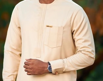Cream African Men's Suit: Handmade Traditional Wedding Outfit