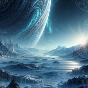 Puede incluir: Arte digital que representa un paisaje helado bajo un planeta arremolinado. La imagen presenta un terreno vasto y helado con montañas y un cuerpo celeste brillante. El texto en la parte superior dice "Tundra" y en la inferior "Land - Plains Island".