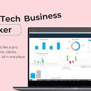 May include: A laptop screen showing a "Lash Tech Business Tracker" with data visualisation. The screen displays charts and graphs related to appointments, income, clients, inventory, and goals. The image includes the text "Manage your lash biz like a pro: appointments, income, clients, inventory & goals — all in one place."