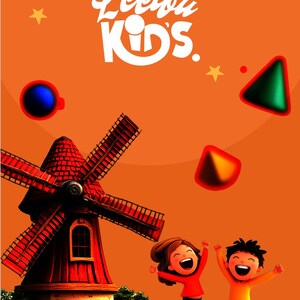 May include: An orange background with the text "Leelou Kids" in white. The image features a red windmill, cartoon children jumping, and floating geometric shapes. The children are wearing red and orange shirts and blue pants. Stars and other shapes are scattered around the image.