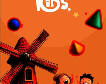 May include: An orange background with the text "Leelou Kids" in white. The image features a red windmill, cartoon children jumping, and floating geometric shapes. The children are wearing red and orange shirts and blue trousers. Stars and other shapes are scattered around the image.