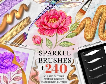 240 Sparkle Brushes for Procreate including Glitter, liquid gold, Metallic and Watercolor Brushes, Free Sketches, Color Palettes and more