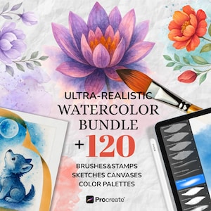 May include: An image showcasing a watercolor bundle with a purple lotus flower, orange flower, and a blue wolf illustration. The text reads "ULTRA-REALISTIC WATERCOLOR BUNDLE +120" with additional text about brushes, stamps, sketches, canvases, and color palettes.