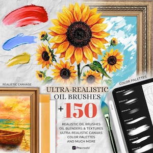 Könnte beinhalten: Das Bild zeigt digitales Kunstzubehör, darunter ein Tablet mit Farbpaletten und einem Stift. Die Komposition zeigt ein Sonnenblumen-Gemälde, Pinselstriche und den Text "ULTRA-REALISTIC OIL BRUSHES +150".