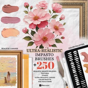 Puede incluir: Anuncio de pinceles de arte digital. La imagen presenta un arreglo floral con flores rosas, muestras de pintura y una tableta que muestra pinceladas. El texto dice "Ultra-Realistic Impasto Brushes +250" y "Realistic Impasto Brushes, Textures, Stamps, Ultra-Realistic Canvas, Color Palette, and Much More."