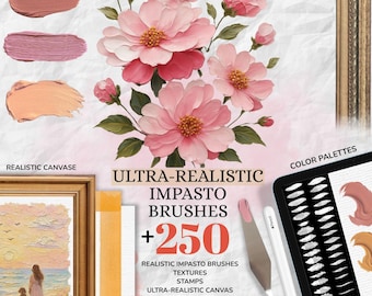 May include: An advertisement for digital art brushes. The image features a floral arrangement with pink flowers, paint swatches, and a tablet displaying brush strokes. Text reads "Ultra-Realistic Impasto Brushes +250" and "Realistic Impasto Brushes, Textures, Stamps, Ultra-Realistic Canvas, Color Palette, and Much More."