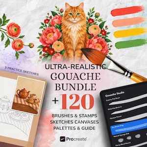 May include: An ultra-realistic gouache bundle for Procreate featuring a ginger cat illustration, floral elements, paint swatches, a paintbrush, five practice sketches, and a digital menu listing 120 brushes, stamps, and palettes.