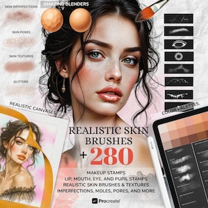 May include: An advertisement for digital art brushes. The image features a woman with green eyes and freckles, with text that reads "Realistic Skin Brushes + 280" and "Makeup Stamps". Additional text includes "Skin Imperfections", "Skin Pores", and "Color Palettes".