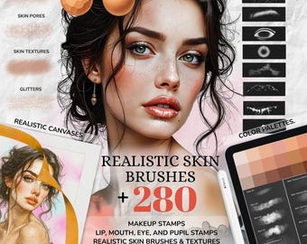 May include: An advertisement for digital art brushes. The image features a woman with green eyes and freckles, with text that reads "Realistic Skin Brushes + 280" and "Makeup Stamps". Additional text includes "Skin Imperfections", "Skin Pores", and "Color Palettes".