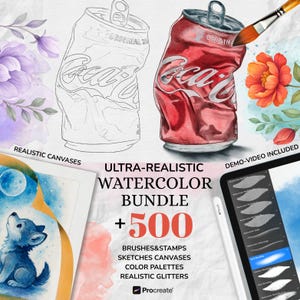 以下が含まれることがあります： 赤色の潰れたコカ・コーラの缶と、潰れた缶の線画が描かれた水彩バンドルのイラスト。画像には、スタイラス付きのタブレット、花、およびテキスト「ULTRA-REALISTIC WATERCOLOR BUNDLE +500」が含まれています。
