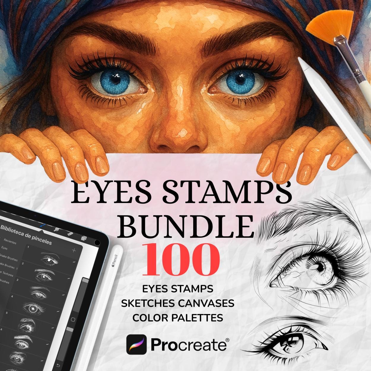 Pack de pinceles sello de ojos para Procreate – 100 ojos + lienzos, plantillas y paletas de color
