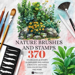 370 Procreate Nature Brushes & Stamps Pack: stamps, canvases, papers, color palettes, video tutorial, and much more