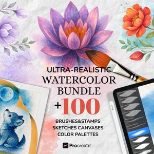 Ultra-realistic Watercolor Bundle for Procreate: over 100 brushes and stamps, realistic canvases, sketches, 40 color palettes (1200 colors)