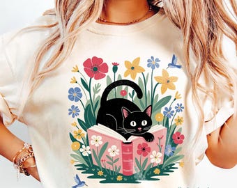Floral Cat Png , Cat Lovers, Cat Book , Cat Mom Png, Cute Cat design, Cute Book Cat -Digital Download
