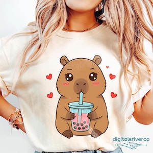 Cute Capybara Kawaii Anime Drinking Bubble Tea Lover Girls T-Shirt PNG | Adorable Bubble Tea Design | Anime Style  Digital Download