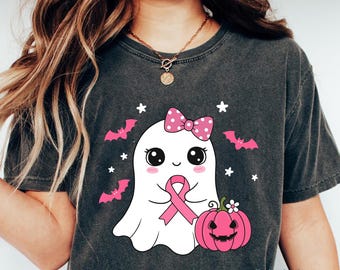 Lindo fantasma de concientización sobre el cáncer de mama PNG Diseño de sublimación de Halloween Cinta rosa Calabaza rosa Octubre - Descarga digital