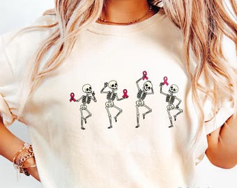 Dancing Skeletons Breast Cancer Awareness PNG Halloween Pink Ribbon Sublimation Design October -Digital Download