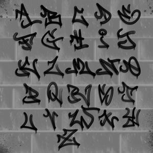 May include: A collection of black graffiti-style letters, each with a dripping effect, arranged on a gray brick wall background. The letters are stylized and artistic, showcasing a street art aesthetic. The image is monochromatic.