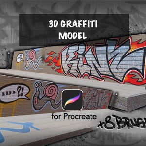Puede incluir: Imagen digital de un modelo de graffiti 3D con el texto "3D GRAFFITI MODEL" y "+8 BRUSHES". La imagen incluye arte de graffiti en una pared de ladrillos, personajes de dibujos animados de caracoles y el logotipo de la aplicación Procreate.
