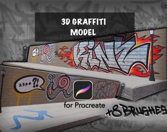3D Graffiti Wall Model + Brush Set | INSTANT DOWNLOAD | Digital Graffiti Template for Procreate | Chrome Spray Effect Brushes | Urban Art