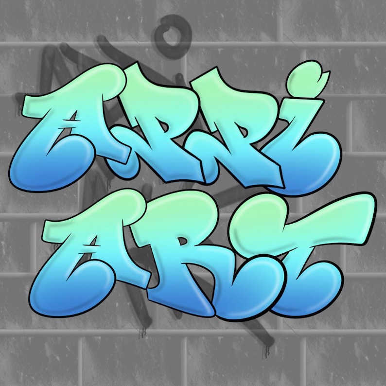 May include: The word "ART" in large, bubble-style graffiti lettering, with a gradient of blue and green colors. The background is a gray brick wall with faint graffiti.