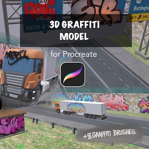 Könnte beinhalten: Grafik für digitale Kunst mit einem 3D-Graffiti-Modell für Procreate. Das Bild zeigt einen LKW mit Graffiti-Kunst auf dem Anhänger, vor dem Hintergrund einer Autobahn. Der Text enthält "3D GRAFFITI MODEL" und "+8 GRAFFITI BRUSHES".
