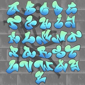 May include: A full alphabet in graffiti style, featuring blue and green bubble letters. The letters are set against a gray brick wall background with dark gray spray paint marks.