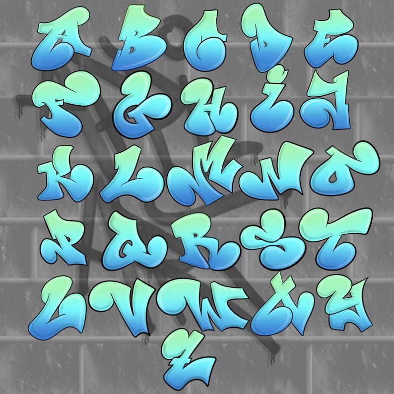 May include: A full alphabet in graffiti style, featuring blue and green bubble letters. The letters are set against a gray brick wall background with dark gray spray paint marks.