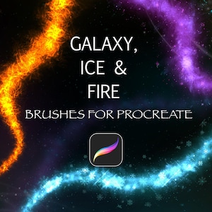 Könnte beinhalten: Digitalgrafik mit dem Text "GALAXY, ICE & FIRE BRUSHES FOR PROCREATE". Das Bild zeigt feurige orangefarbene, eisblaue und violette Nebel vor einem dunklen Sternenhintergrund. Ein Procreate App-Symbol befindet sich unten in der Mitte.
