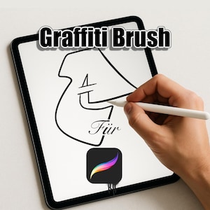 以下が含まれることがあります： 「Graffiti Brush」と「Für」の文字が入ったグラフィティデザインを表示するデジタルタブレット。白いスタイラスで画面に描画しています。Procreateアプリのアイコンが表示されています。