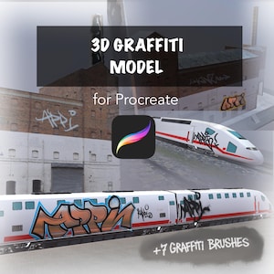 Könnte beinhalten: Werbung für digitale Kunst für ein 3D-Graffiti-Modell für Procreate. Das Bild zeigt einen weiß-roten Zug mit Graffiti-Kunst, ein Procreate-App-Symbol und den Text "+7 Graffiti Brushes". Der Hintergrund zeigt ein Backsteingebäude.