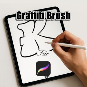 Könnte beinhalten: Ein digitales Tablet zeigt ein Graffiti-Design mit den Worten "Graffiti Brush" oben. Eine Hand hält einen weißen Stift und zeichnet auf dem Bildschirm. Das Wort "Für" steht unten. Ein farbenfrohes App-Symbol ist sichtbar.