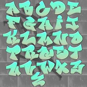 Könnte beinhalten: Ein komplettes Alphabet im Graffiti-Stil, wobei jeder Buchstabe ein einzigartiges Design aufweist. Die Buchstaben sind in Türkis- und Hellgrüntönen gehalten und haben einen Schatteneffekt. Der Hintergrund ist eine graue Backsteinmauer.