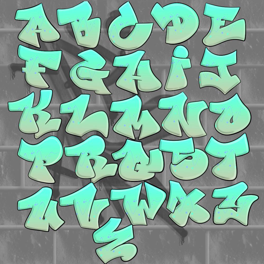 Graffiti Alphabet Clipart – Mint Green Bubble Letters A–Z PNG