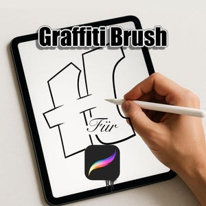 Pode incluir: Um tablet digital exibe um desenho de grafite em preto e branco com o texto "Graffiti Brush" no topo. Uma mão segura uma caneta branca, desenhando na tela. O ícone do aplicativo Procreate é visível.
