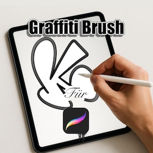 Peut inclure: Une tablette numérique affiche un design de style graffiti avec les mots "Graffiti Brush". Un stylet blanc est utilisé pour dessiner sur l'écran. L'icône de l'application Procreate est visible.