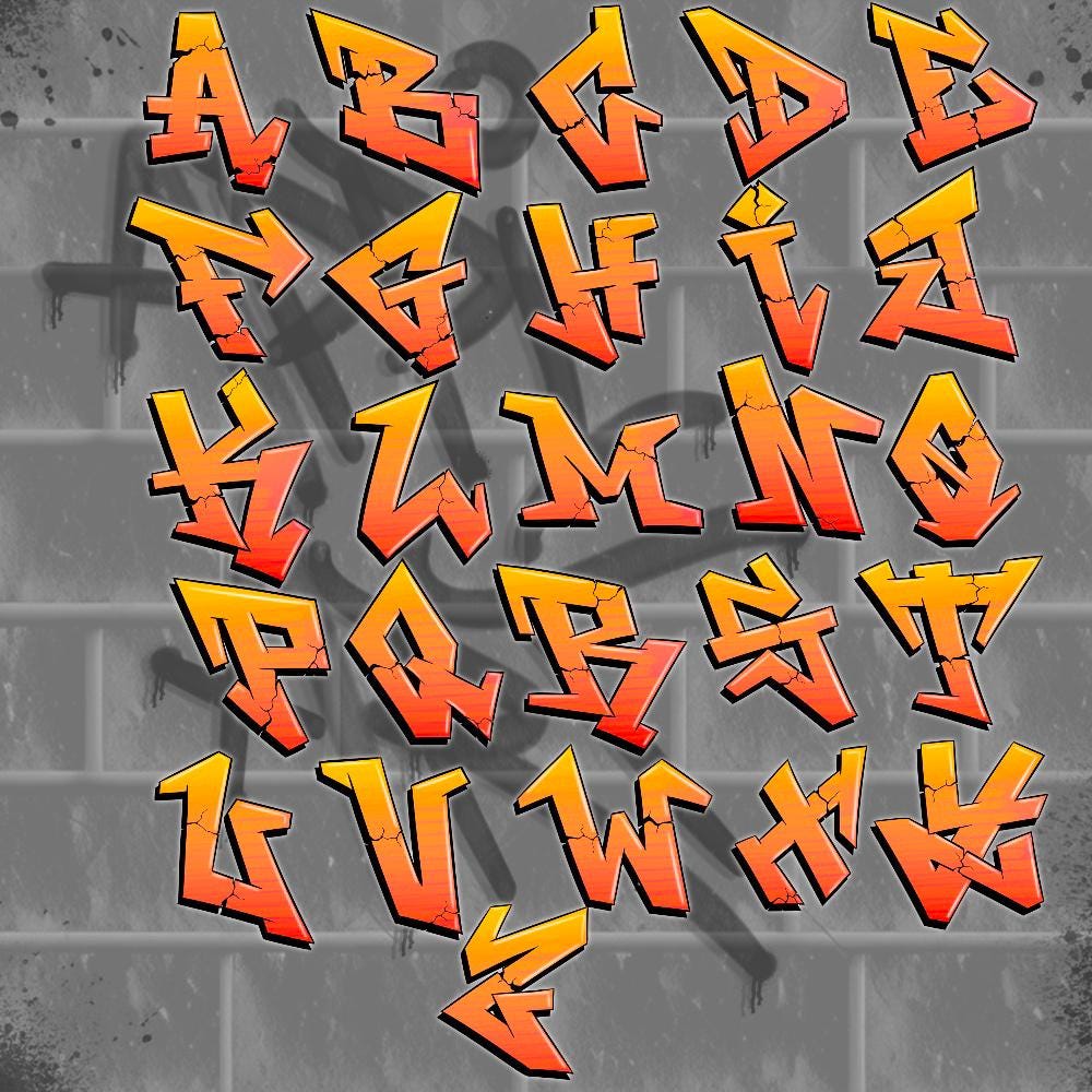 Graffiti Alphabet Clipart – Urban Crack Style A–Z PNG, Street Art