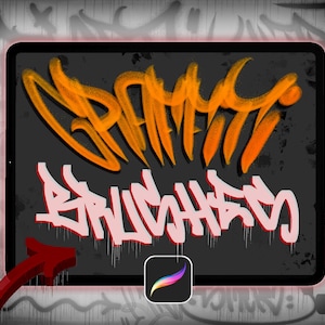 Könnte beinhalten: Ein digitales Tablet zeigt Graffiti-Text in Orange und Weiß auf dunklem Grau. Der Text lautet "BRUSHES" und "SPAM". Ein roter Pfeil und das Procreate-App-Logo sind ebenfalls sichtbar.