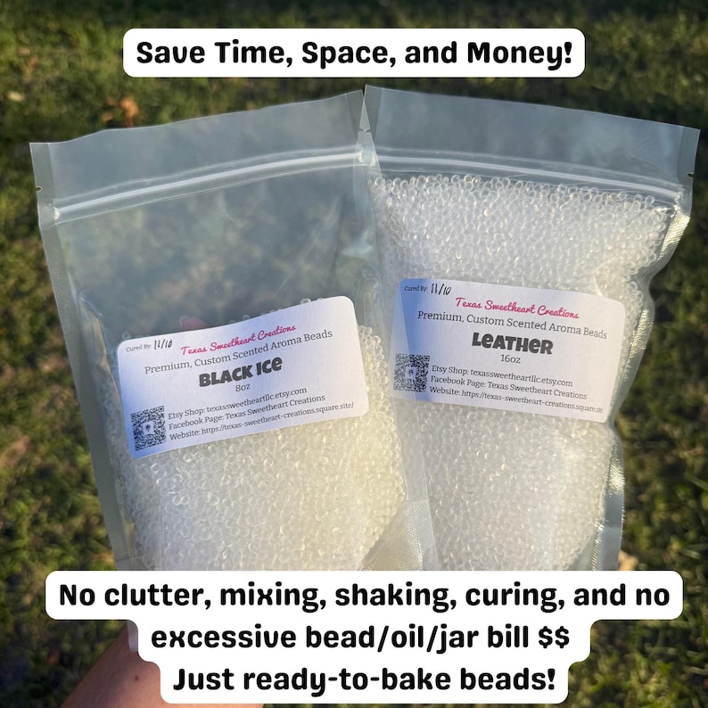 May include: Two clear plastic bags filled with small, clear beads. One bag is labeled "BLACK ICE" and the other "LEATHER." Text at the top reads "Save Time, Space, and Money!" and at the bottom "Just ready-to-bake beads!"