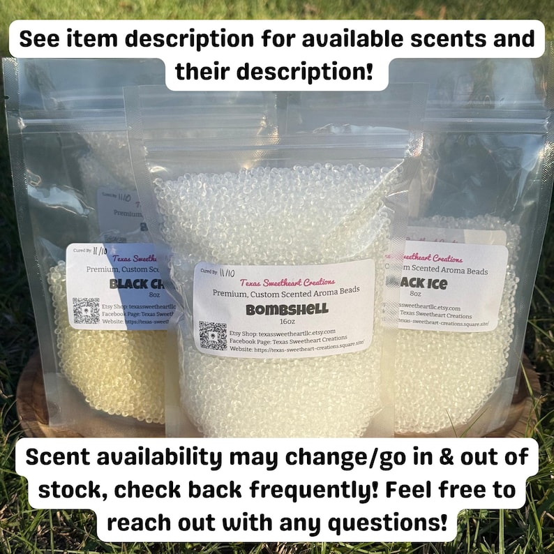 May include: Three clear plastic bags filled with scented aroma beads. The bags have labels with the scents "Black Cherry", "Bombshell", and "Black Ice". Text on the image reads "See item description for available scents and their description!" and "Scent availability may change/go in & out of stock, check back frequently! Feel free to reach out with any questions!"
