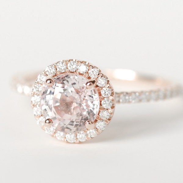 Certified Peach Pink Round Sapphire Diamond Halo Engagement Ring 14K Rose Gold