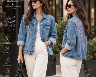 Light Blue Denim Jacket, Pink Floral Embroidery, 100% Cotton, Spring Outerwear