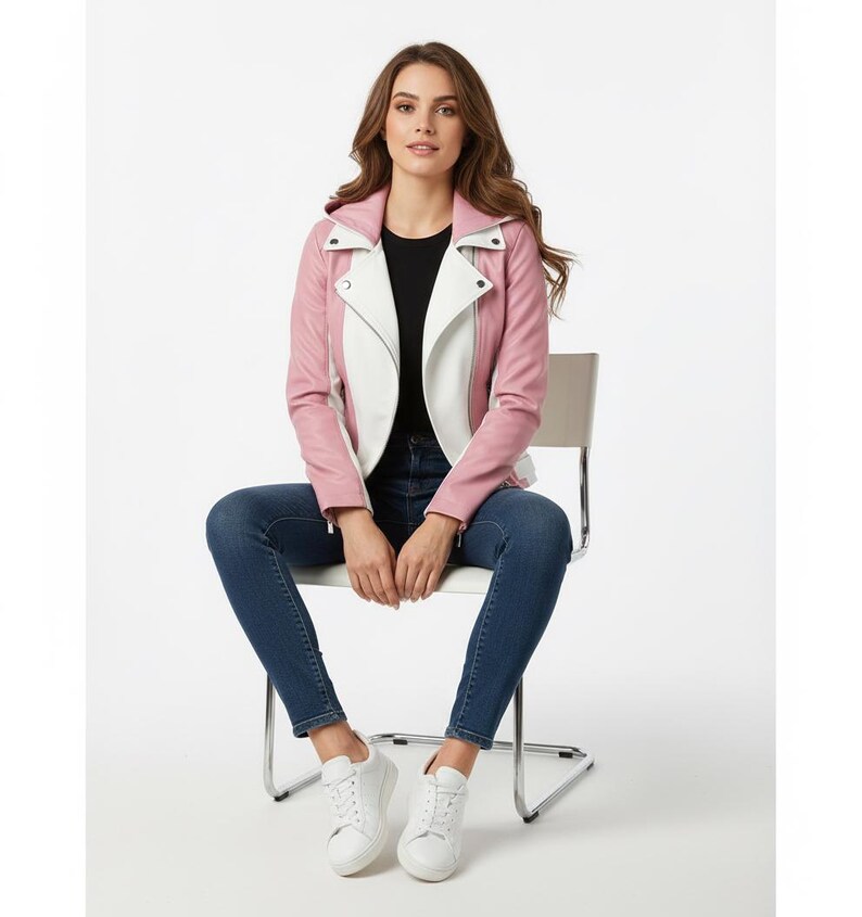 Puede incluir: Chaqueta de cuero sint&eacute;tico rosa y blanca de estilo biker. La chaqueta tiene cuello con solapas, cremallera asim&eacute;trica y mangas largas. La modelo lleva una camiseta negra, vaqueros azules y zapatillas blancas.