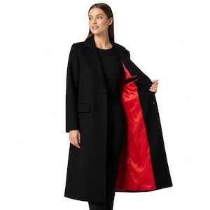 Women’s Luxury Black Wool Long Coat with Red Satin Lining – Elegant Winter Tailored Overcoat