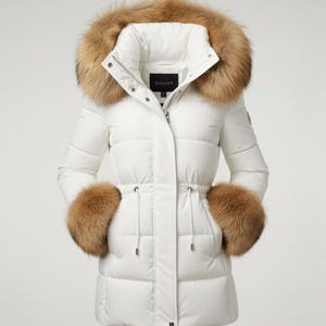 May include: A white puffer coat with a fur-trimmed hood and cuffs. The coat has a cinched waist and a zipper closure. The fur trim is a light brown color. The coat is a winter outerwear item.