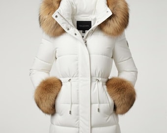 Women’s White Winter Puffer Coat with Natural Faux Fur Hood & Cuffs Elegant Snow Jacket