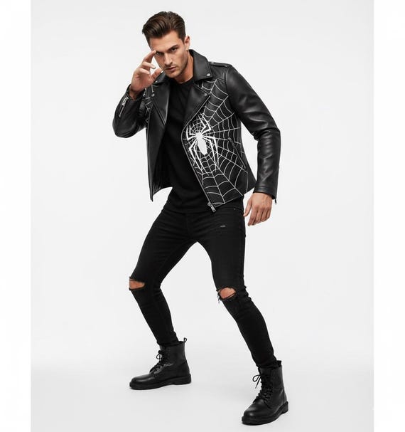 Handmade Black Leather Spider Jacket Men's Biker Jacket With White