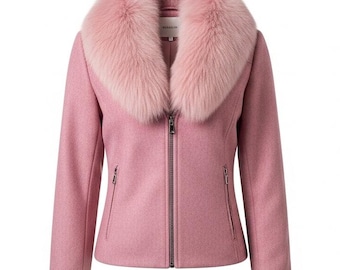 Chaqueta de lana rosa: abrigo corto para mujer con cuello de piel sintética